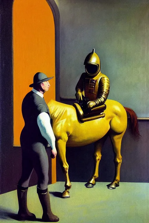 Image similar to man in horse costume, horse in costume astronaut, hauntingly surreal, highly detailed painting by francis bacon, edward hopper, adrian ghenie, gerhard richter, and james jean soft light 4 k,