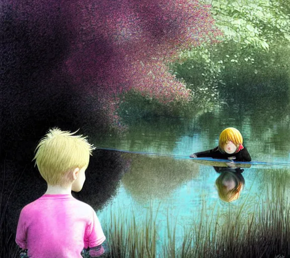 Image similar to pink haired boy backlit staring at black haired boy from across a pond, by alan lee, muted colors, springtime, colorful flowers & foliage in full bloom, sunlight filtering through trees & skin, digital art, art station cfg _ scale 9