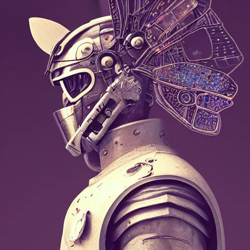 Prompt: a statue of a man in armor with a butterfly on his head, cyberpunk art by mike winkelmann, trending on cgsociety, fantasy art, made of insects, made of trash, made of crystals