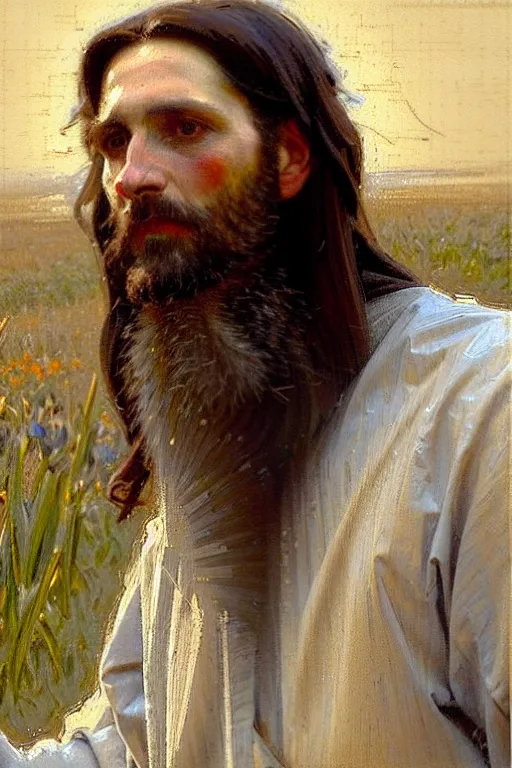 Image similar to impressionist brushstrokes!!!!!!!!! solomon joseph solomon and richard schmid and jeremy lipking victorian loose genre loose painting full length portrait painting of jesus with a slight smile