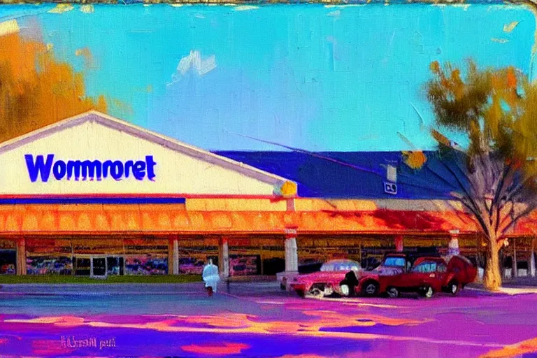 Prompt: impressionist brushstrokes!!!! lisa frank and and richard schmid and jeremy lipking victorian loose genre loose painting of a walmart store