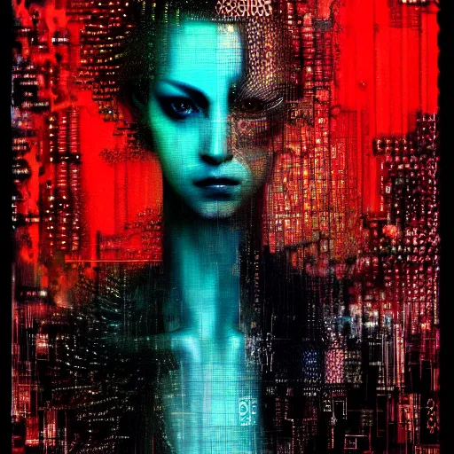 Prompt: hyperrealistic portrait of a mysterious cyberpunk woman with flowing hair, by Guy Denning, Johannes Itten, Russ Mills, beautiful, elusive, glitch art, hacking effects, glitch effects, digital tech effects, cybernetics, detailed lines, holographic, chromatic, color blocking, digital painting, octane, concept art, abstract, red face, 8k, trending on cgsociety, trending on artstation