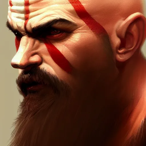 Image similar to kratos closeup portrait, dramatic light, lake background, 2 0 0 mm focal length, painted by stanley lau, painted by greg rutkowski, painted by stanley artgerm, digital art, trending on artstation