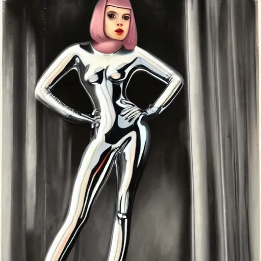 Prompt: chrome girl, wide angle, full body shot