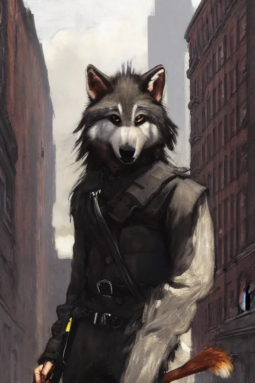 Image similar to new york city portrait of furry anthro anthropomorphic grey wolf head animal person fursona wearing clothes black traditional police uniform in the alley, sunny day, digital art by Nerdrum John, William Waterhouse, Winslow Homer, Alex Heywood, Jordan Grimmer, Darren Quach, Greg Rutkowski, Simon Stalenhag, trending on Artstation, CGSociety