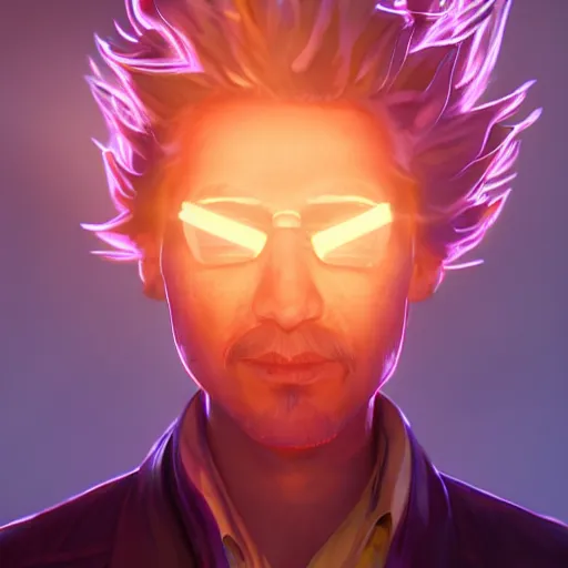 Image similar to portrait art of rick sanchez, spikey hair, white lab coat, lens flare, atmosphere, glow, detailed, intricate, full of colour, cinematic lighting, trending on artstation, 4 k, hyperrealistic, focused, extreme details, unreal engine 5, cinematic, masterpiece