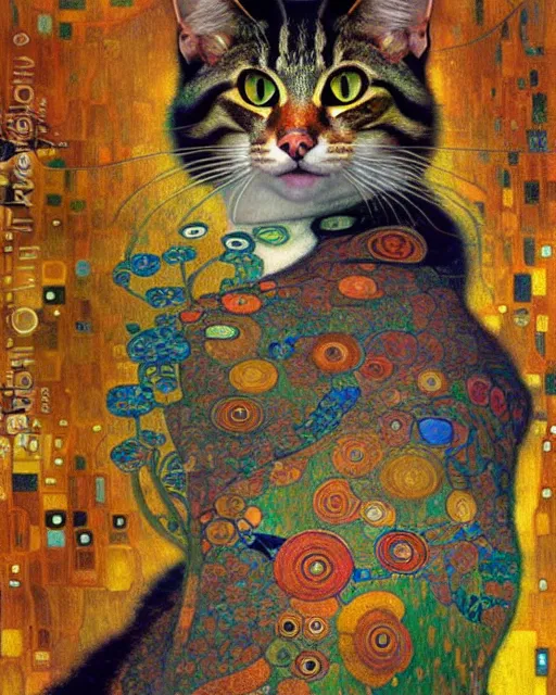 Image similar to wild forest cat portrait an oil painting splashes with many colors and shapes by gustav klimt greg rutkowski and alphonse mucha, polycount, generative art, psychedelic, fractalism, glitch art