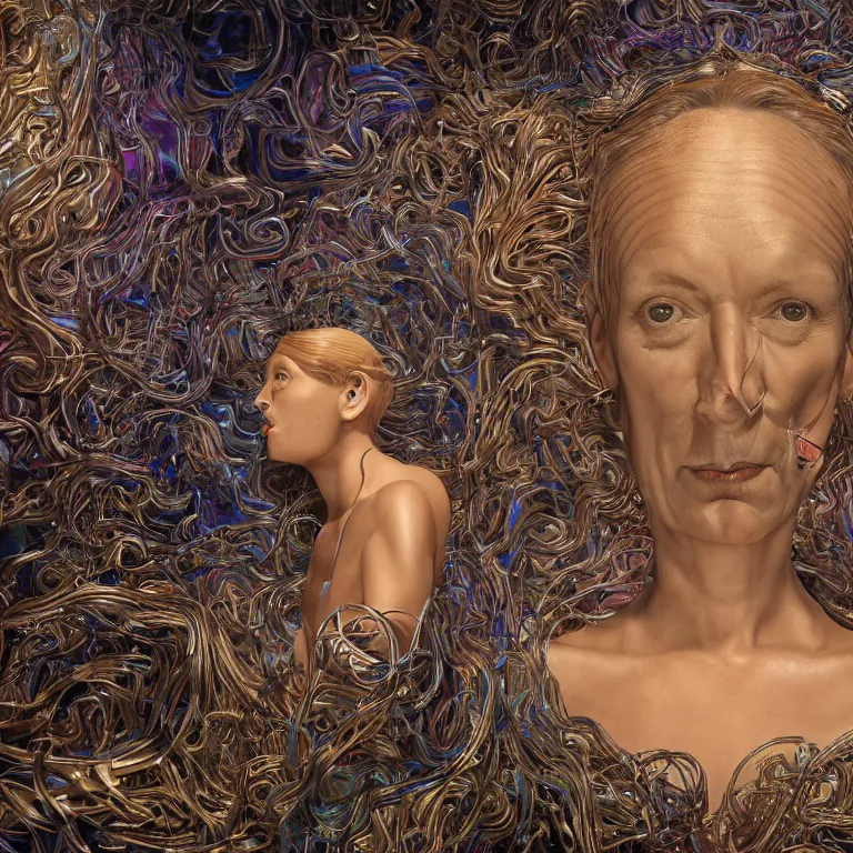 Prompt: octane render portrait by wayne barlow and carlo crivelli and glenn fabry and salvador dali and wes anderson, a giant futuristci woman with an elongated body made out of iridescent long metallic rubber tubing, in front of a huge silk tapestry, cinema 4 d, ray traced lighting, very short depth of field, bokeh