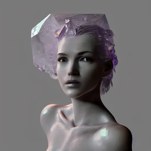 Prompt: abstract female sculpture made of white marble and amethyst crystals quartz, ethereal lights, fine details, artstation, film still, rim light, cinematic photoshooting, luxury, golden filigree, octane render