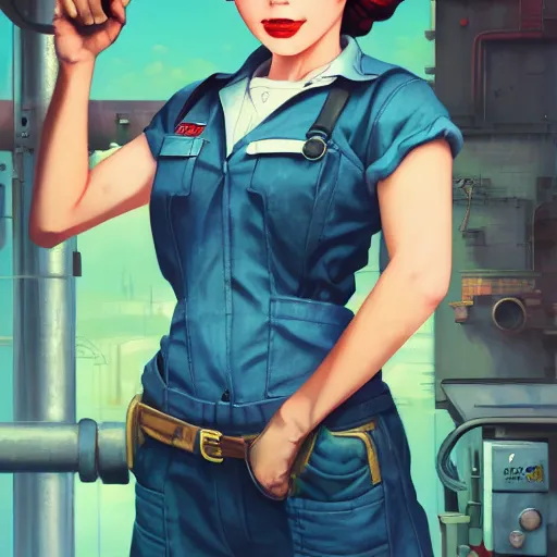 Image similar to a portrait of Rosie the riveter, industrial setting, vivid colors, soft lighting, atmospheric, cinematic, moody, in the style of Ilya Kuvshinov and Range Murata, Krenz Cushart, oil on canvas, 8k