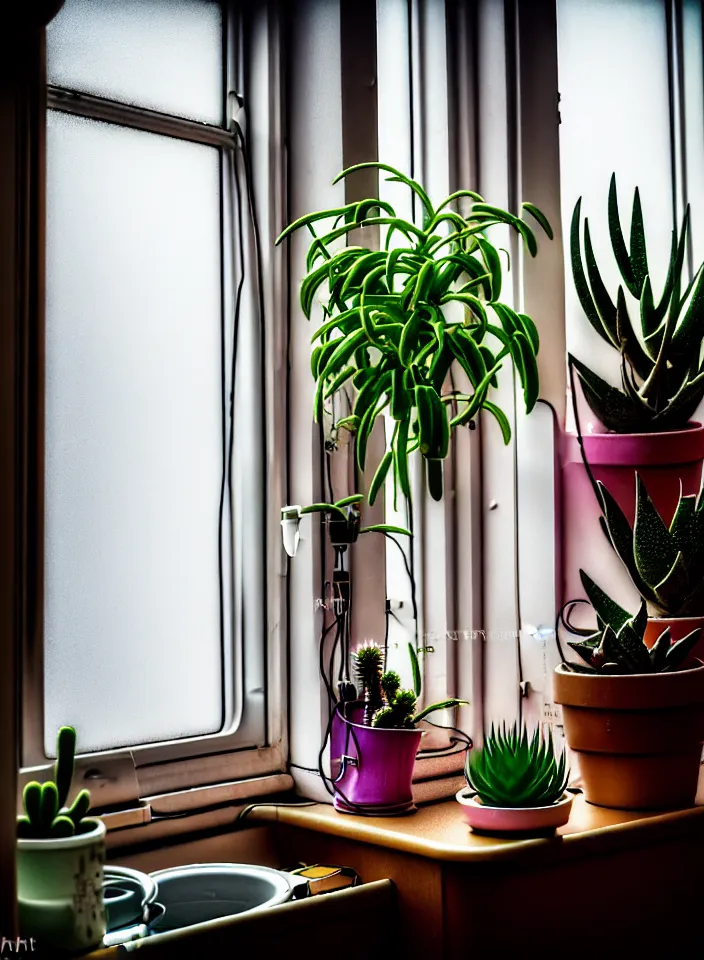 Image similar to telephoto 7 0 mm f / 2. 8 iso 2 0 0 photograph depicting the feeling of chrysalism in a cosy cluttered french sci - fi ( art nouveau ) cyberpunk apartment in a pastel dreamstate art style. ( computer screens, window ( rain ), sink, potted succulents, lamp ( ( ( fish tank ) ) ) ), ambient light.