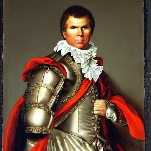 Image similar to A rococo portrait of Will Ferrell in a shining suit of armor, Jacques-Louis David, Réunion des Musées Nationaux, Louvre Catalogue photography