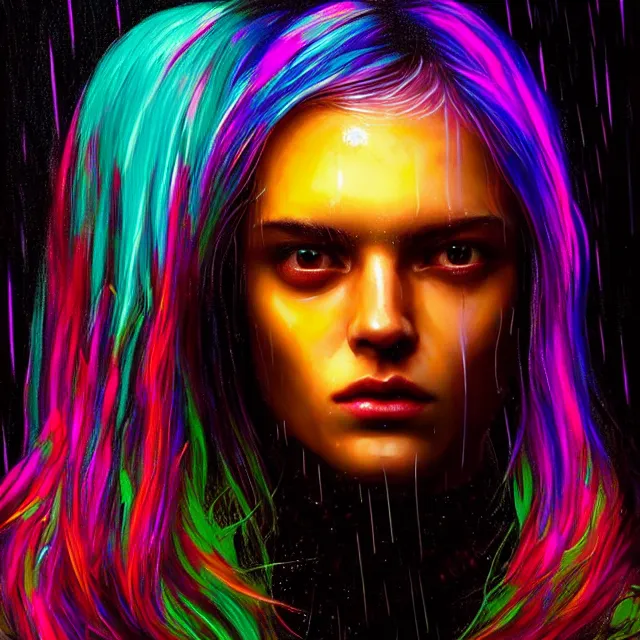 Image similar to bright asthetic portrait LSD glowing backlit rain on face and wet hair, cyberpunk, overhead lighting, fantasy, intricate, elegant, dramatic lighting, highly detailed, lifelike, photorealistic, digital painting, artstation, illustration, concept art, smooth, sharp focus, art by John Collier and Albert Aublet and Krenz Cushart and Artem Demura and Alphonse Mucha