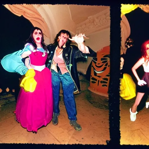 Prompt: Disney's real life characters of The Beauty and the Beast rocking hard on an Acid House track at a small rave party, shot with a disposable camera with flash