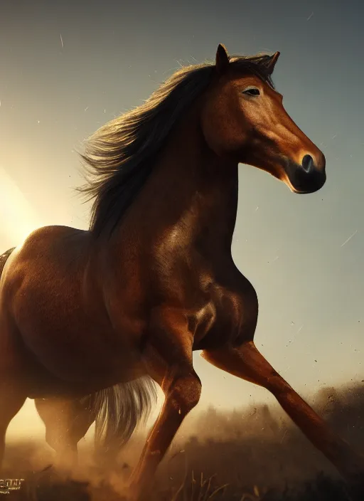 Image similar to horse up his men, volumetric lighting, beautiful, golden hour, sharp focus, ultra detailed, cgsociety by leesha hannigan, ross tran, thierry doizon, kai carpenter, ignacio fernandez rios, noir photorealism, film