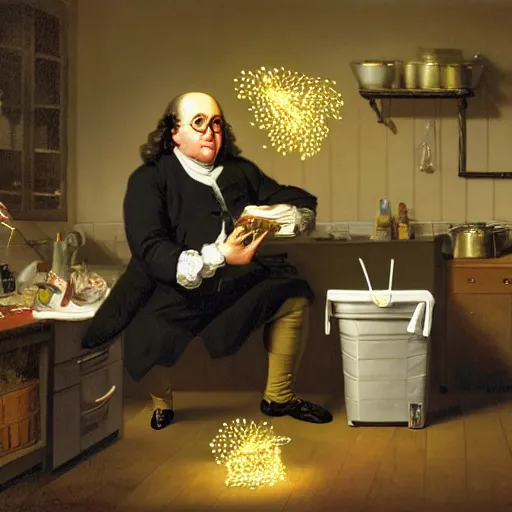 Prompt: benjamin franklin angrily throwing a string of led lights in the trash in a modern kitchen by rockwell