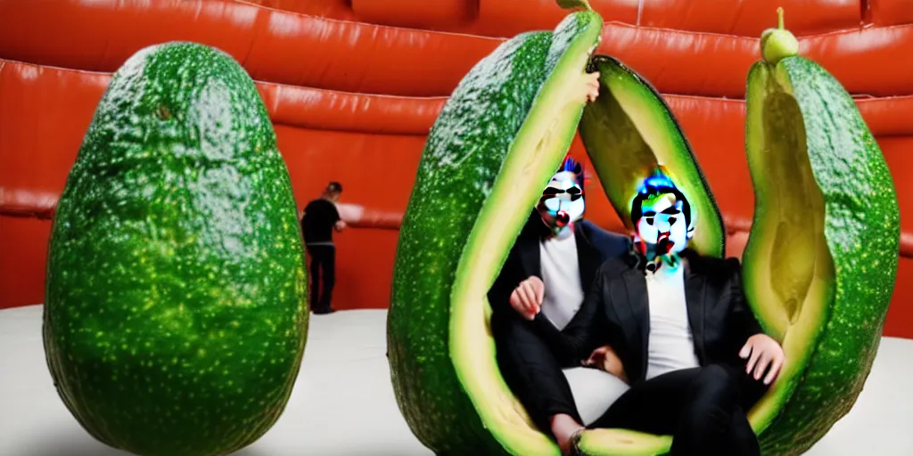 Prompt: elon musk inside of a giant avacado, realistic, cinematic photogtaphy, fruit celebrity, avacado dream, elon musk dresms of sitting inside of avacados, avacado chairs, avacado halloween costumes, in a boxing ring, photography, cinematic lighting, dramatic feeling