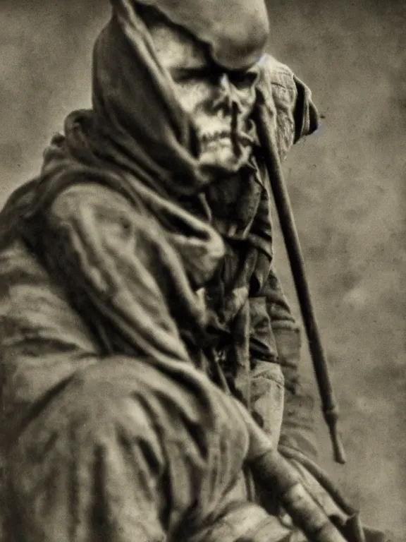 Image similar to portrait of grim reaper on the battlefield, ww1 photo, grainy, high detail, high resolution,