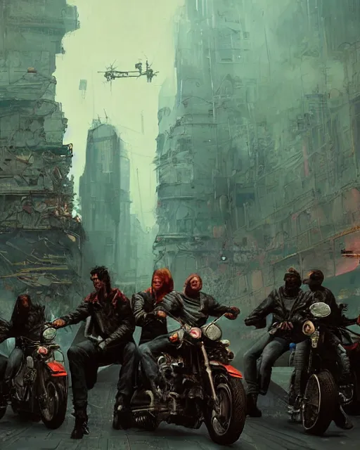 Image similar to a highly detailed epic cinematic concept art CG render digital painting artwork: Akira biker gang. By Greg Rutkowski, in the style of Francis Bacon and Syd Mead and Norman Rockwell and Beksinski, open ceiling, highly detailed, painted by Francis Bacon and Edward Hopper, painted by James Gilleard, surrealism, airbrush, Ilya Kuvshinov, WLOP, Stanley Artgerm, very coherent, triadic color scheme, art by Takato Yamamoto and James Jean