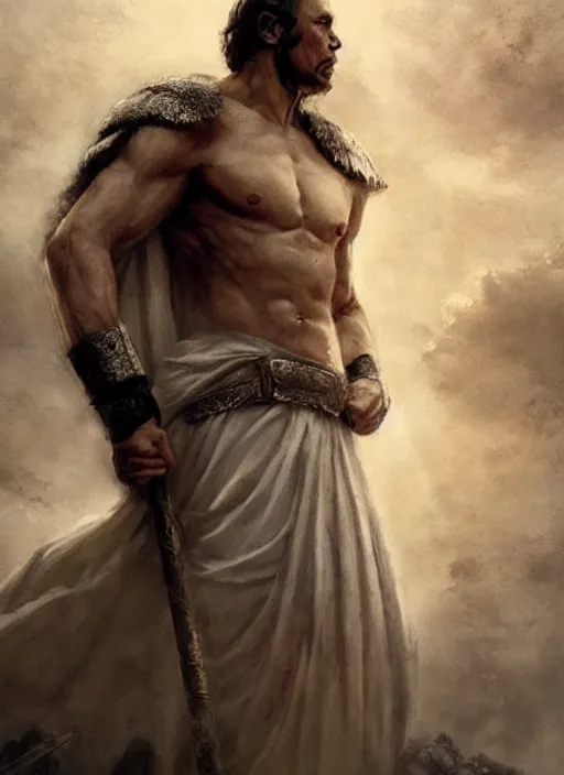 Image similar to vladimir putin as a magnificent beautiful greek god, movie 3 0 0 by greg rutkowski