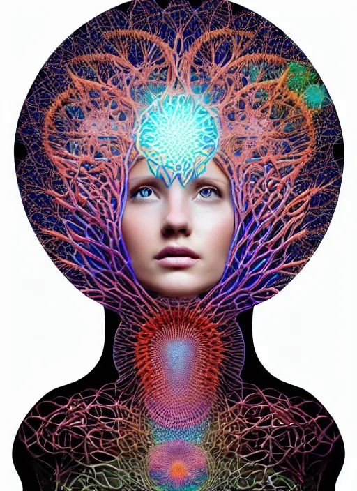 Prompt: ridiculously beautiful young woman tripping, 3 d coral fractals radiating from head with sacred geometry, natural, awakening, symmetrical, in the style of ernst haeckel, effervescent, warm, photo realistic, epic and cinematic,