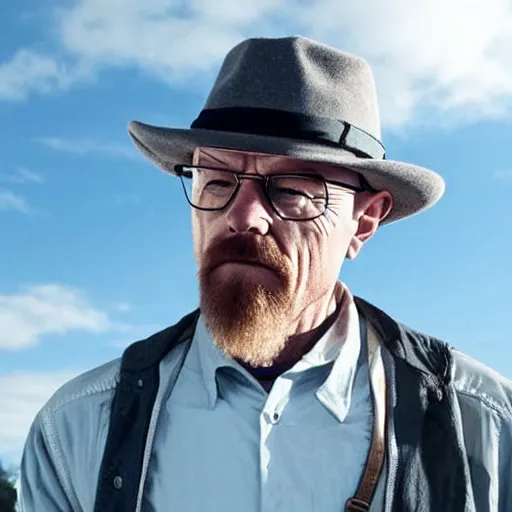 Prompt: heisenberg looking at sky where clouds are blue meth