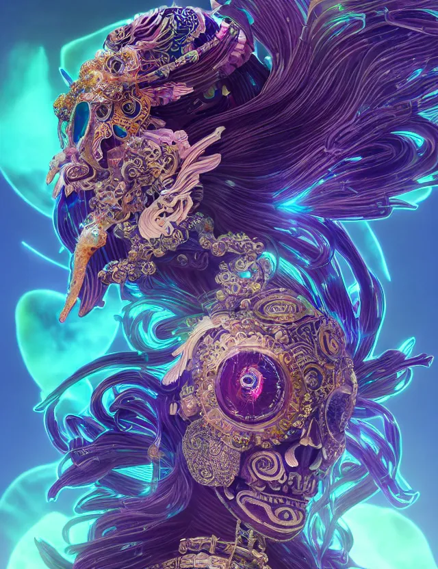 Image similar to 3 d goddess close - up profile solarpunk portrait ram skull. beautiful intricately detailed japanese crow kitsune mask and clasical japanese kimono. betta fish, jellyfish phoenix, bio luminescent, plasma, ice, water, wind, creature, artwork by tooth wu and wlop and beeple and greg rutkowski