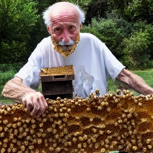 Image similar to an old man that looks like a honeycomb, bees in the background