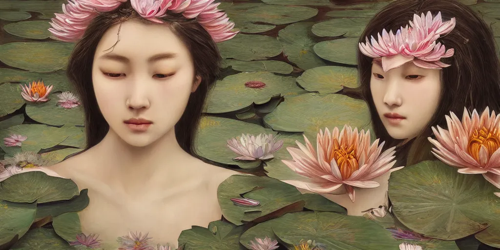 Prompt: breathtaking detailed concept art painting of the goddess of water lily flowers, orthodox saint, with anxious, piercing eyes, ornate background, amalgamation of leaves and flowers, by Hsiao-Ron Cheng, extremely moody lighting, 8K