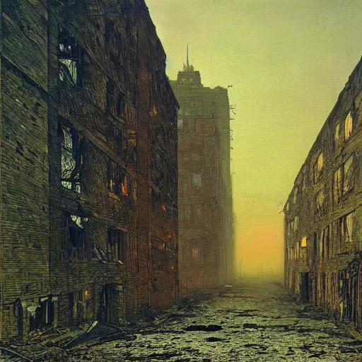 Image similar to the dead city, ruined buildings like broken teeth, artwork by John Atkinson Grimshaw