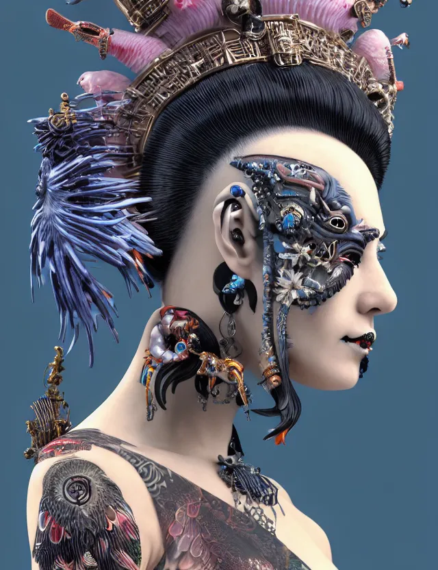 Image similar to 3 d goddess close - up profile portrait punk with mohawk with ram skull. beautiful intricately detailed japanese crow kitsune mask and clasical japanese kimono. betta fish, jellyfish phoenix, bio luminescent, plasma, ice, water, wind, creature, artwork by tooth wu and wlop and beeple and greg rutkowski