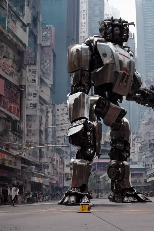 Image similar to portrait cinematography of beautiful young female, clothed in sci-fi military armor, long hair blowing in the wind. Giant mechs in the streets of Hong Kong. by Roger Deakins