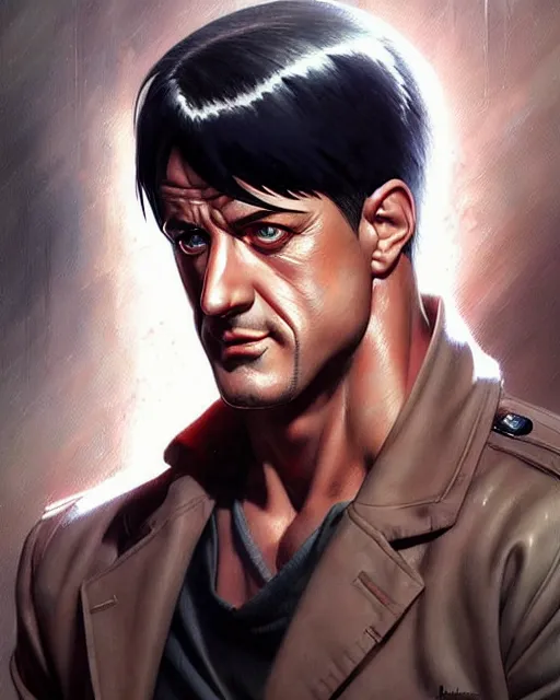 Image similar to portrait Anime 1940s Stallone Rambo Sharp fine face, realistic shaded Perfect face, fine details. Anime. cyberpunk realistic shaded lighting by katsuhiro otomo ghost-in-the-shell, magali villeneuve, artgerm, rutkowski Jeremy Lipkin and Giuseppe Dangelico Pino and Michael Garmash and Rob Rey