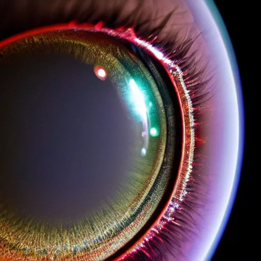 Image similar to photo of human eye reflecting tesla coil, 50mm, close-up, beautiful photo