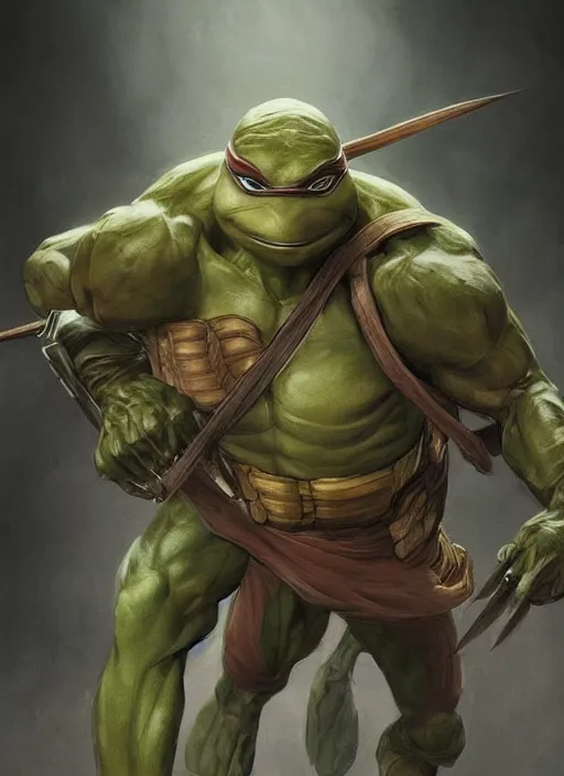 Image similar to elegant renaissance concept art of a male young muscular teenage mutant ninja turtle 1 9 9 0 film, full figure dynamic fighting pose, fantasy, intricate, highly detailed, digital painting, artstation, smooth, sharp focus, illustration, art by artgerm and greg rutkowski and alphonse mucha