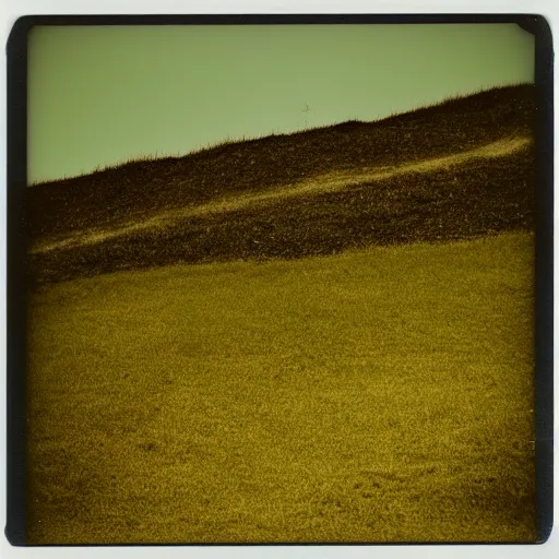 Prompt: polaroid photo!! of a green empty steep grass hill with no trees, flash photography, at night, uncanny photo, colored photograph