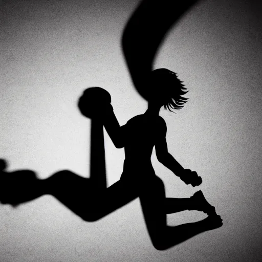 Prompt: boxer girl fighting her shadow in a creepy room, dark ominous