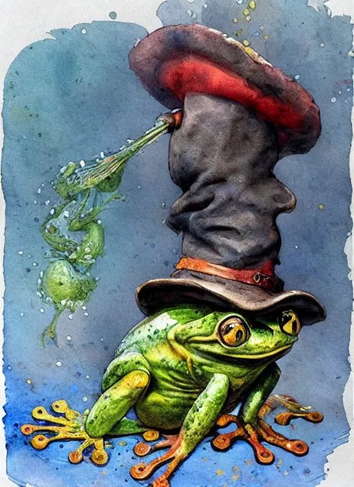 Image similar to detailed frog with a wizard hat by jean - baptiste monge and frank frazetta, post processing, painterly, book illustration watercolor granular splatter dripping paper texture, ink outlines, painterly, trending on artstation, trending on pinterest childrens art