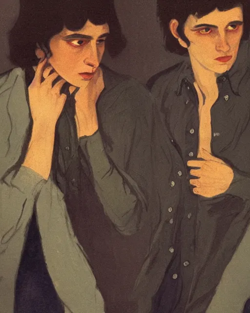 Prompt: two beautiful but sinister young men wearing oxford shirts in layers of fear, with haunted eyes and dark hair, 1 9 7 0 s, seventies, wallpaper, a lot of blood, moonlight showing injuries, delicate embellishments, painterly, offset printing technique, by brom, robert henri, walter popp