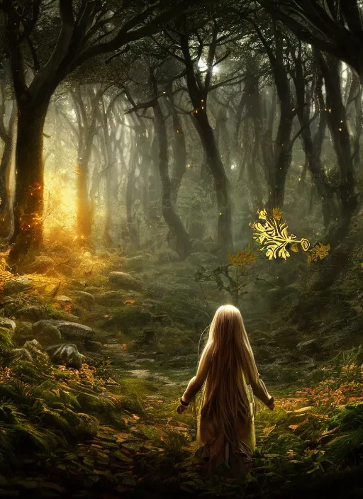 Prompt: magical forest with gold and silver leafs, music, girl with blond long hair back view, elves, lord of the rings style, ultra detailed, trending on artstation, concept art, octane render, unreal engine,