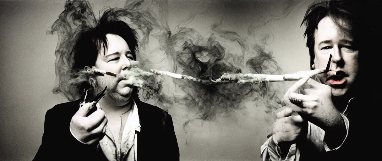 Prompt: award winning photo of BILL HICKS finds a treasure in an apartment smoking, vivid colors, happy, symmetrical face, beautiful eyes, studio lighting, wide shot art by Sally Mann & Arnold Newman