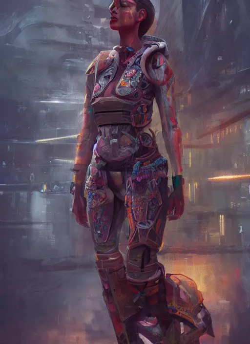 Prompt: detailed full body concept art illustration colorful oil painting of a dystopian female in full intricate clothing, ultra detailed, digital art, octane render, 4K, dystopian, micro details, hyper realistic