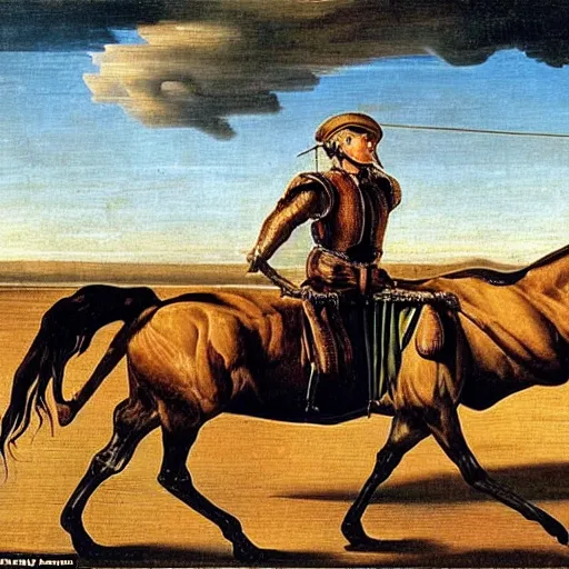 Prompt: A humanoid horse riding a wagon pulled by a human, renaissance oil painting by Salvador Dali