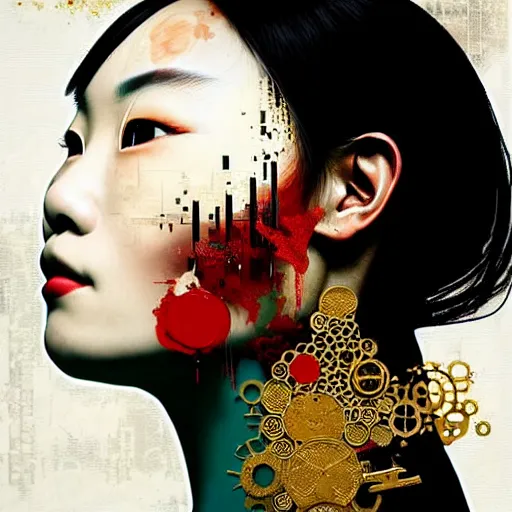 Image similar to portrait of chinese woman :: side profile :: in ocean :: clockwork details :: gold :: blood and horror :: by vikings and Sandra Chevrier