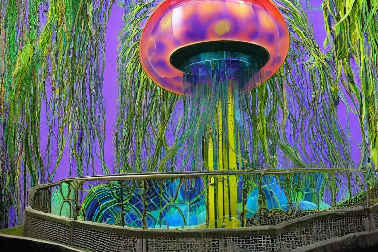 Image similar to favela thick jellyfish disco cathedral coaster hive, art nouveau waterfall environment, industrial factory, terrifying, award winning art, epic dreamlike fantasy landscape, ultra realistic,