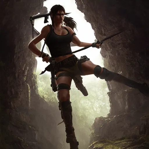 Image similar to a potrait of Emily Ratajkowski as Lara Croft Tomb Raider by Greg Rutkowski, Sung Choi, Mitchell Mohrhauser, Maciej Kuciara, Johnson Ting, Maxim Verehin, Peter Konig, 8k photorealistic, cinematic lighting, HD, high details, dramatic, trending on artstation, full body shot