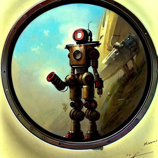 Image similar to adventurer ( ( ( ( ( 1 9 5 0 s retro future robot android time porthole portal window. muted colors. ) ) ) ) ) by jean baptiste monge!!!!!!!!!!!!!!!!!!!!!!!!! chrome red