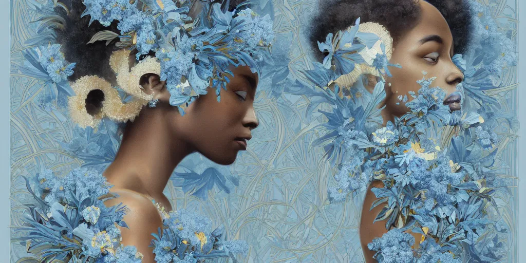 Image similar to breathtaking detailed concept art painting art deco pattern of afroamerican faces goddesses amalmation light - blue flowers with anxious piercing eyes and blend of flowers and birds, by hsiao - ron cheng and john james audubon, bizarre compositions, exquisite detail, extremely moody lighting, 8 k