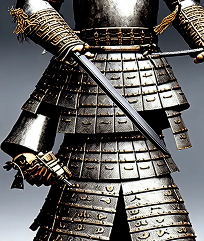 Prompt: detailed photorealistic ancient japanese samurai warrior soldier with traditional japanese engravings and ornamentation on armour and weapons, and shining metallic 3 d surfaces, japanese calligraphy, wide angle, 3 d