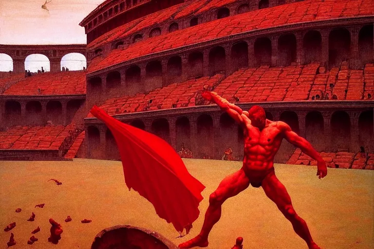 Image similar to only with red, a red gladiator in a crowded roman amphitheatre, crowd cheers him, in the style of beksinski, parts by edward hopper, parts by rodcenko, parts by yue minjun, intricate and epic composition, red by caravaggio, insane quality, highly detailed, masterpiece, red light, artstation
